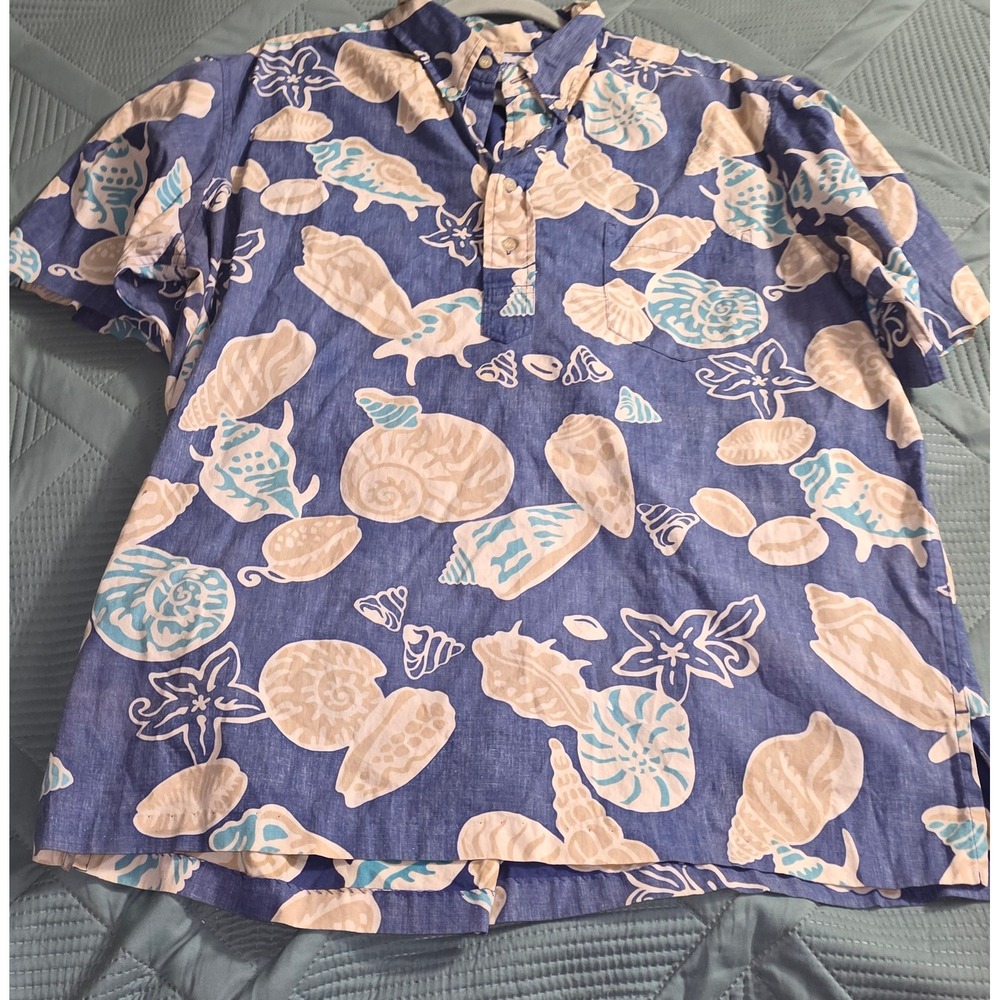Reyn Spooner Mens XL Blue Seashell Print Cotton Hawaiian Pullover Shirt